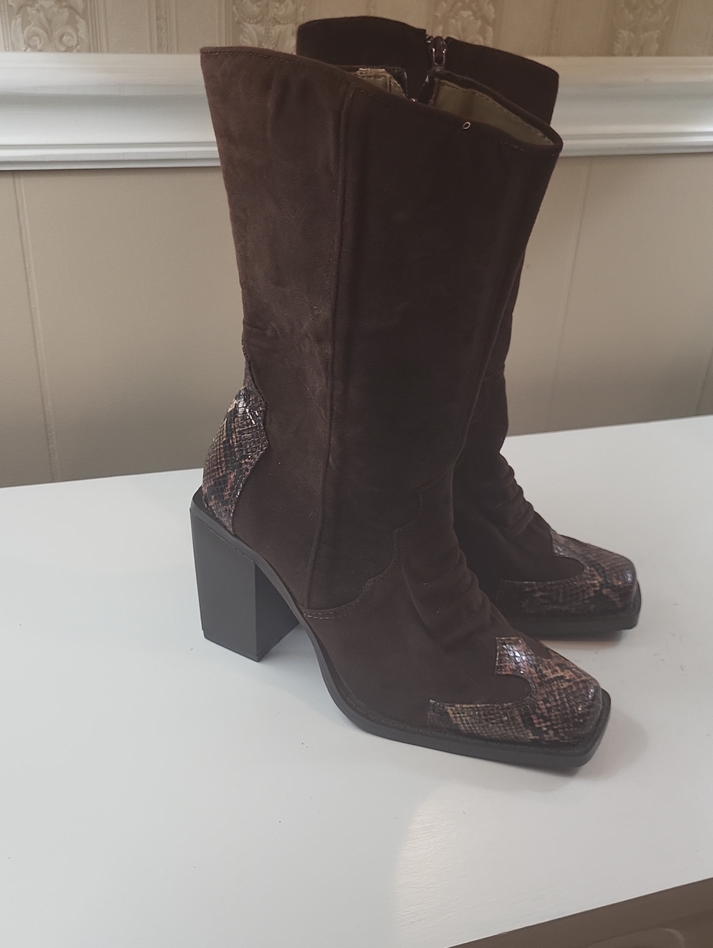 Splash New Dark Brown Suede Mid-Calf Heeled Boots with Snakeskin Trim, 6.5